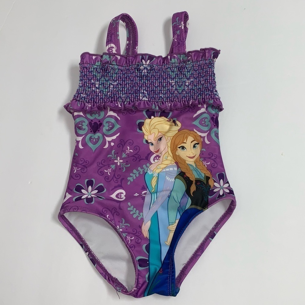 Disney Size 2 Toddler Purple Floral Smocking Ruffles Elsa & Anna Swimsuit